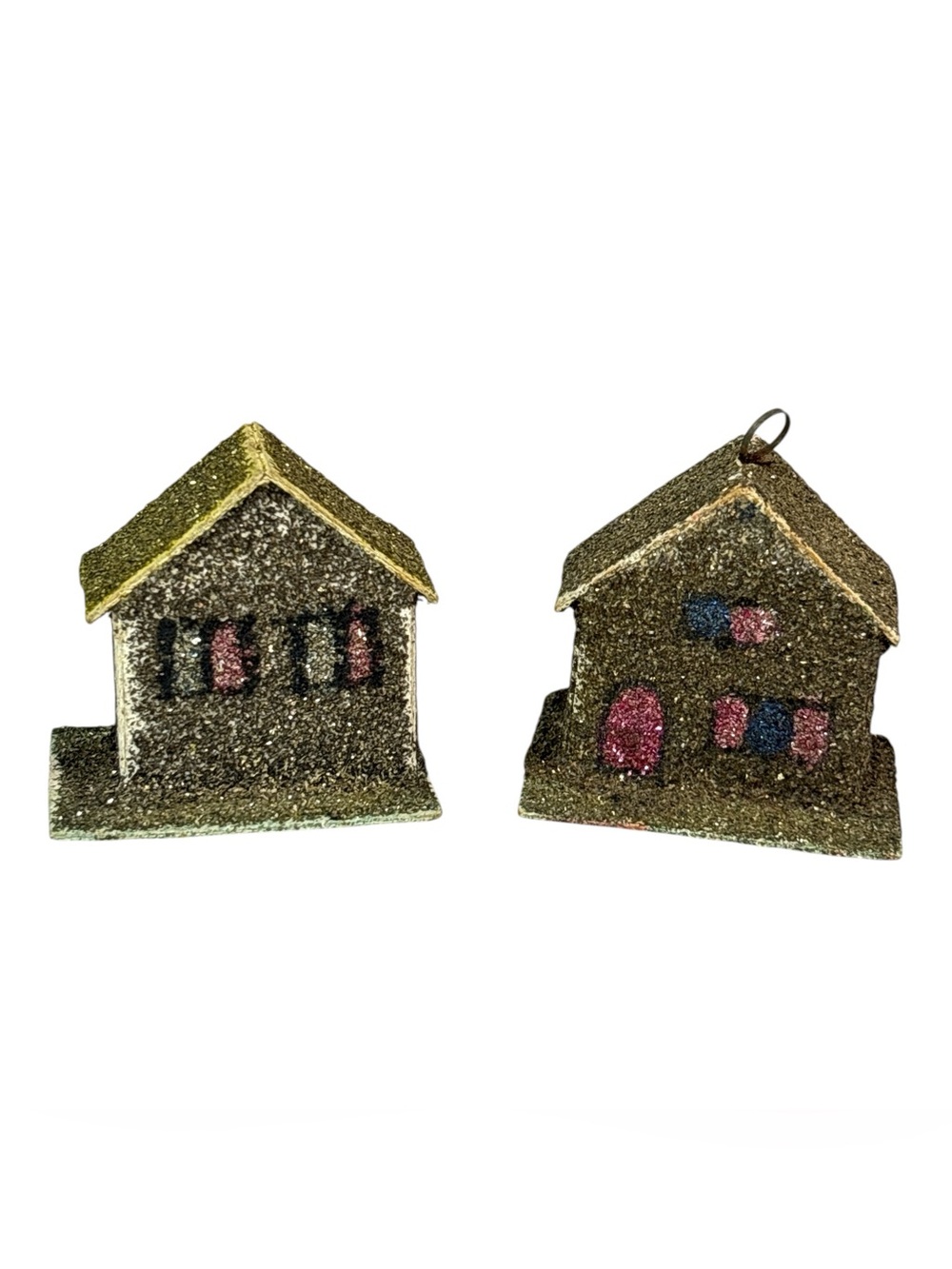 2 Vtg 2" Miniature Putz Houses Christmas Ornaments Cardboard Mica West Germany